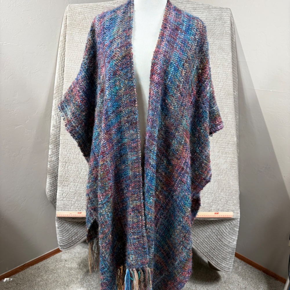 Elizabeth Jenkins Taos Handwoven Wool Poncho Wrap Multi Color Rainbow Fringe OS